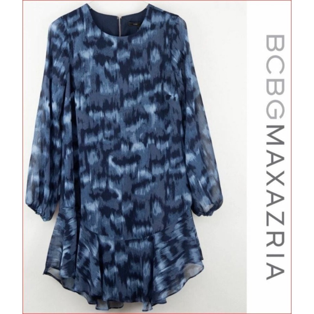BCBGMAXAZRIA Blue Abstract Print Ruffle Hem Dress Blouse XS TKN6243109-411